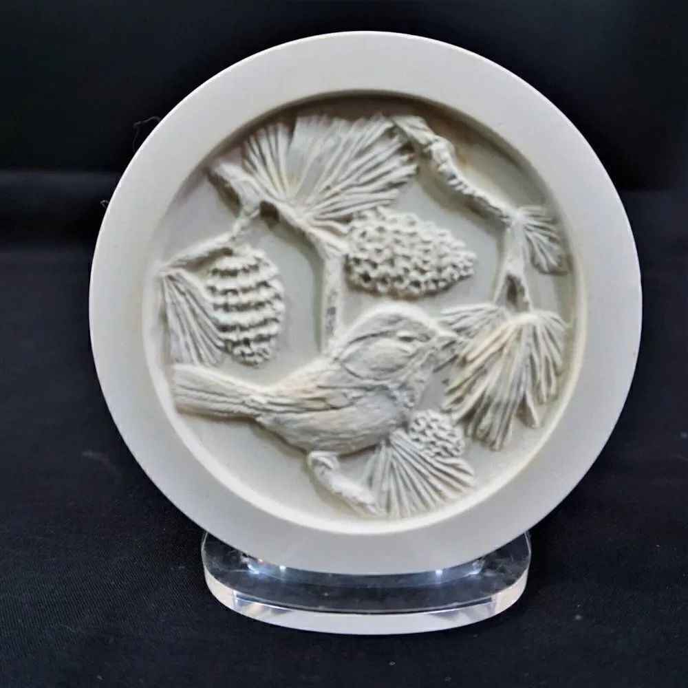 Chalkware Coasters Crossbill Bird And Pinecone Cork Back White Plaster Set Of 3
